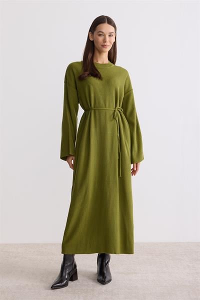 Kuşaklı Oversize Triko Elbise Yağ Yeşili