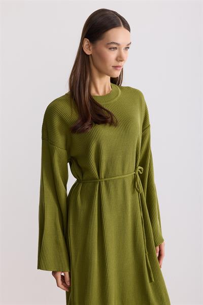 Kuşaklı Oversize Triko Elbise Yağ Yeşili