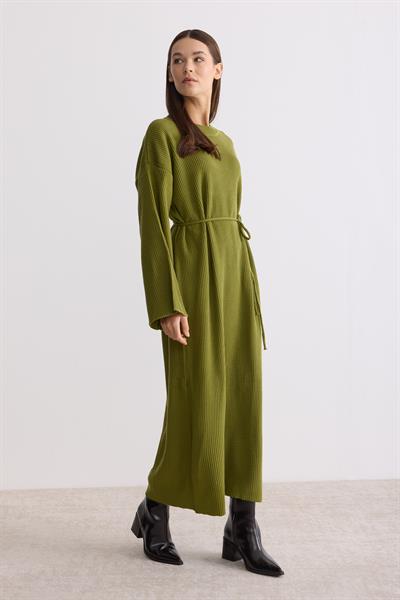 Kuşaklı Oversize Triko Elbise Yağ Yeşili