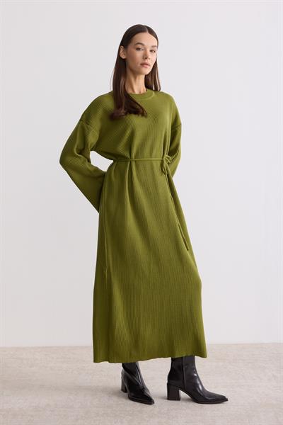 Kuşaklı Oversize Triko Elbise Yağ Yeşili