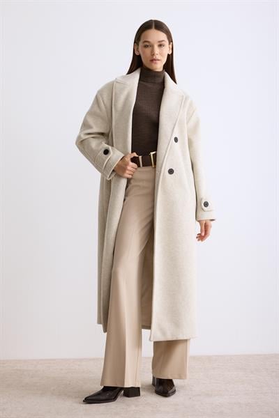 Manşet Patlı Düğmeli Kaşe Kaban Bej