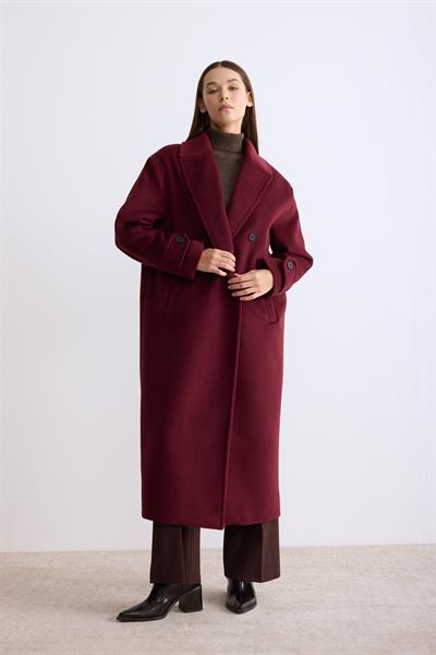 Manşet Patlı Düğmeli Kaşe Kaban Bordo