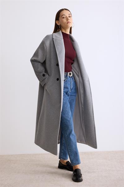 Manşet Patlı Düğmeli Kaşe Kaban Gri