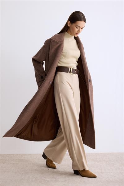 Manşet Patlı Düğmeli Kaşe Kaban Orta Kahverengi