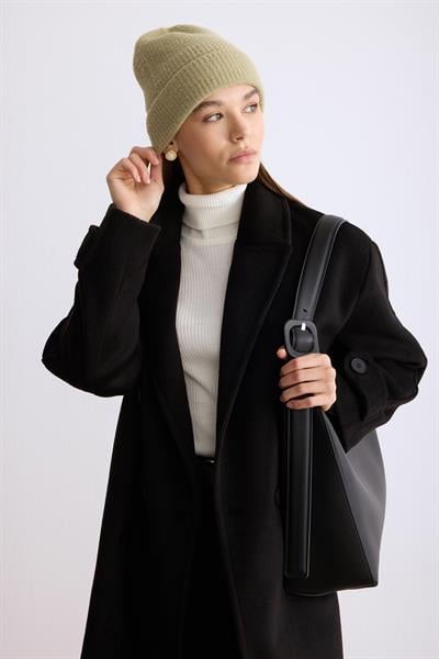 Manşet Patlı Düğmeli Kaşe Kaban Siyah