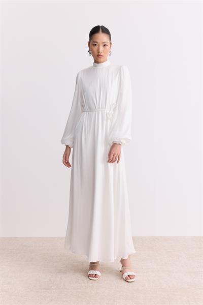 Organze Saten Kalem Elbise Beyaz