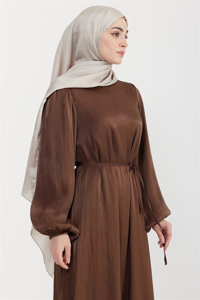 Organze Saten Kalem Elbise Kahverengi