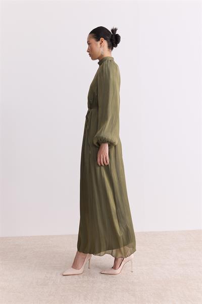 Organze Saten Kalem Elbise Olive