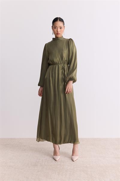 Organze Saten Kalem Elbise Olive
