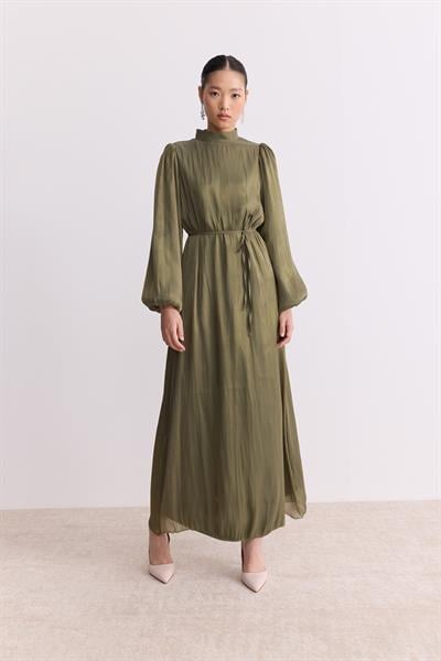 Organze Saten Kalem Elbise Olive