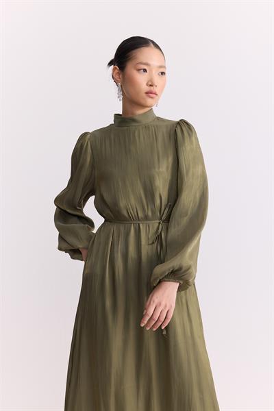 Organze Saten Kalem Elbise Olive
