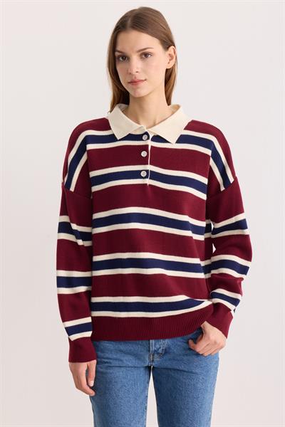 Polo Yaka Çizgili Triko Kazak Bordo