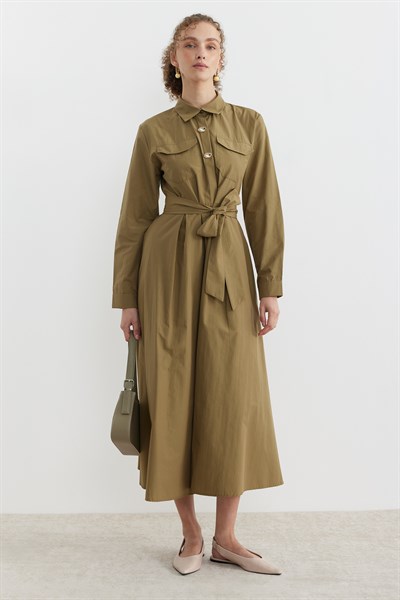 Poplin Kumaş Düğme Detaylı Gömlek Elbise Olive