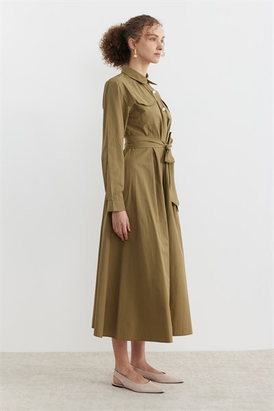 Poplin Kumaş Düğme Detaylı Gömlek Elbise Olive