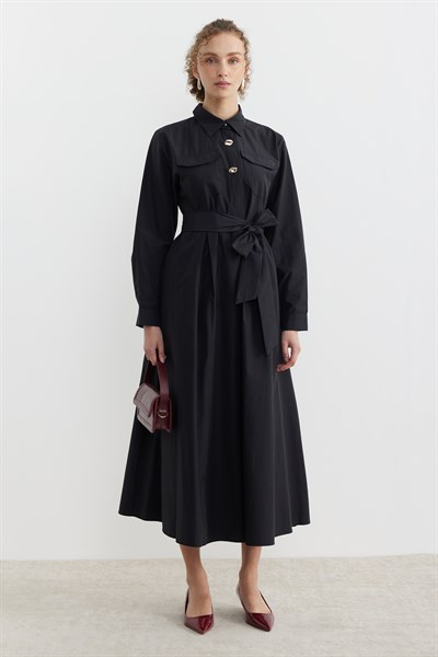 Poplin Kumaş Düğme Detaylı Gömlek Elbise Siyah