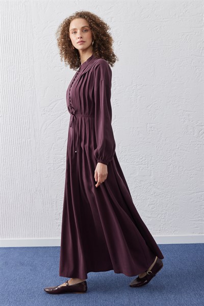 Qupra Tensel Kumaş Nervürlü Elbise Mürdüm