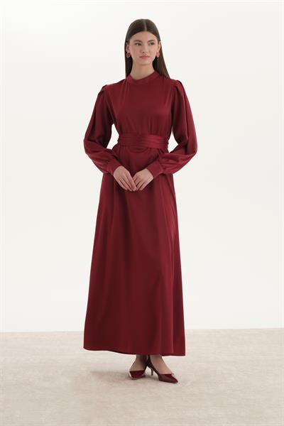 Saten Kalem Elbise Bordo
