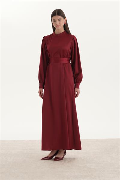 Saten Kalem Elbise Bordo