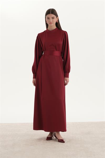 Saten Kalem Elbise Bordo
