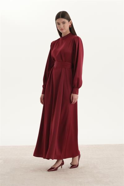Saten Kalem Elbise Bordo