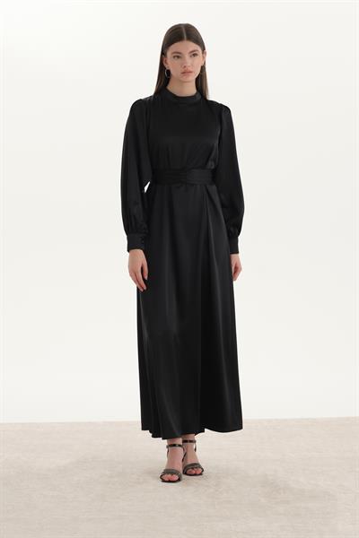 Saten Kalem Elbise Siyah