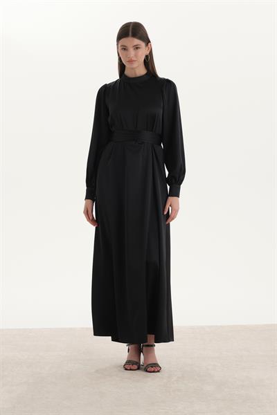 Saten Kalem Elbise Siyah