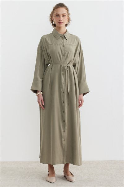 Tensel Kumaş Düğmeli Robadan Elbise Çağla Yeşili