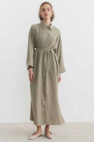 Tensel Kumaş Düğmeli Robadan Elbise Çağla Yeşili