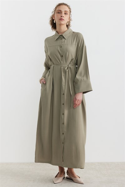 Tensel Kumaş Düğmeli Robadan Elbise Çağla Yeşili