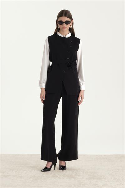 Tensel Kumaş Yelekli Takım Siyah