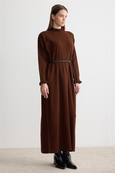 Tüy Detaylı Fitilli Triko Elbise Acı Kahverengi