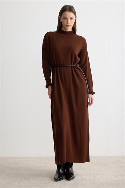 Tüy Detaylı Fitilli Triko Elbise Acı Kahverengi