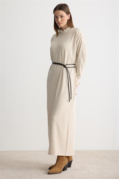 Tüy Detaylı Fitilli Triko Elbise Bej