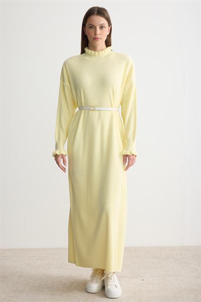 Tüy Detaylı Fitilli Triko Elbise Sarı