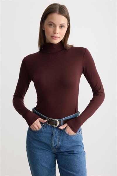 Uzun Kollu Balıkçı Yaka Penye Body Acı Kahverengi