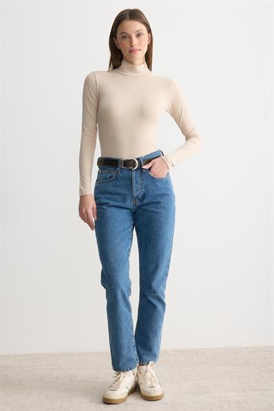 Uzun Kollu Balıkçı Yaka Penye Body Bej