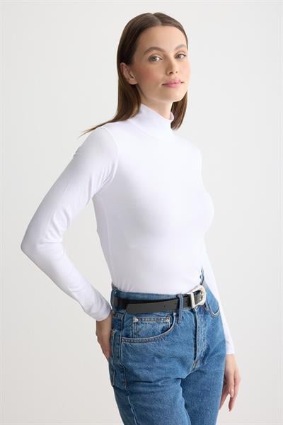 Uzun Kollu Balıkçı Yaka Penye Body Beyaz
