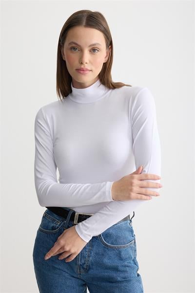 Uzun Kollu Balıkçı Yaka Penye Body Beyaz