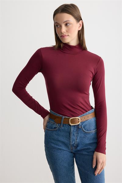 Uzun Kollu Balıkçı Yaka Penye Body Bordo