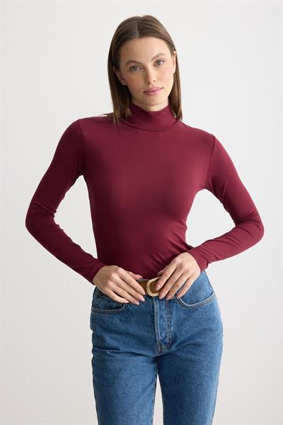 Uzun Kollu Balıkçı Yaka Penye Body Bordo