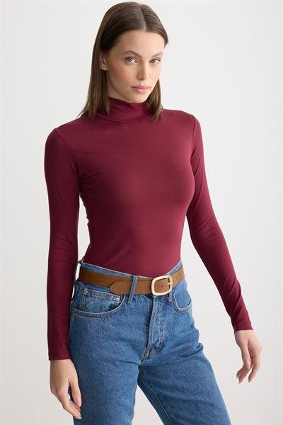 Uzun Kollu Balıkçı Yaka Penye Body Bordo