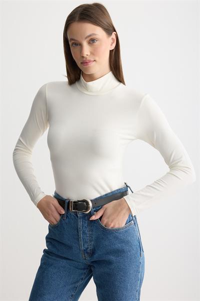 Uzun Kollu Balıkçı Yaka Penye Body Ekru