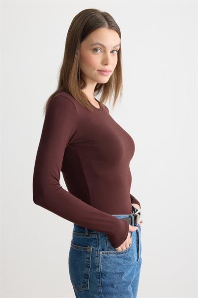Uzun Kollu Bisiklet Yaka Penye Body Acı Kahverengi