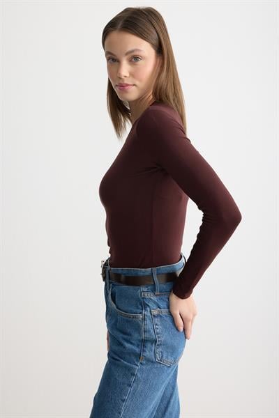 Uzun Kollu Bisiklet Yaka Penye Body Acı Kahverengi