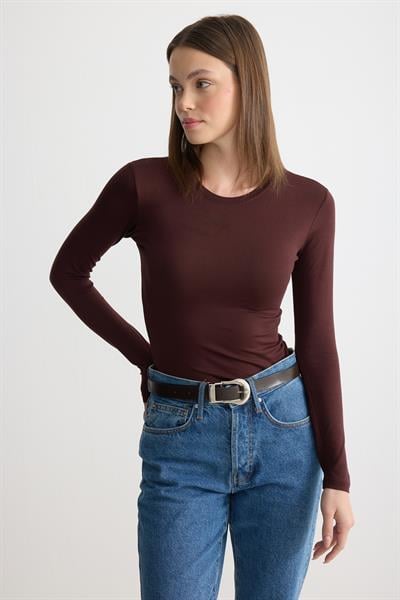 Uzun Kollu Bisiklet Yaka Penye Body Acı Kahverengi