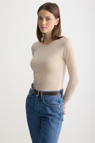 Uzun Kollu Bisiklet Yaka Penye Body Bej