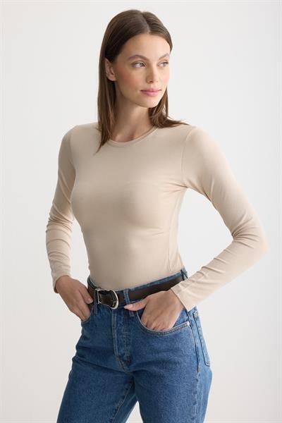 Uzun Kollu Bisiklet Yaka Penye Body Bej