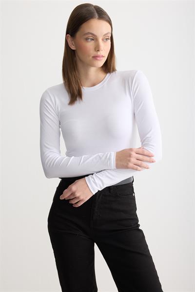 Uzun Kollu Bisiklet Yaka Penye Body Beyaz