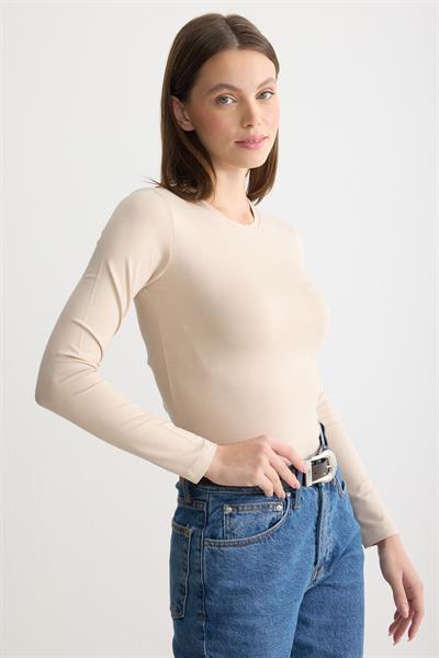 Uzun Kollu Bisiklet Yaka Penye Body Bej
