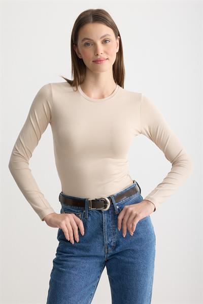 Uzun Kollu Bisiklet Yaka Penye Body Bej